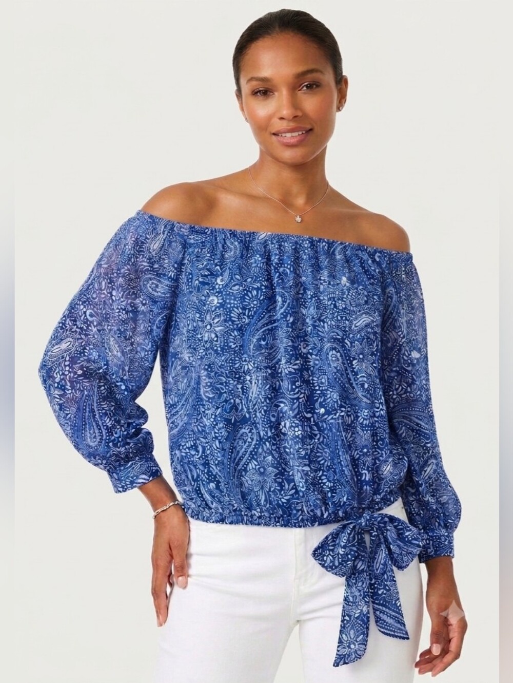 CeCe Blue Paisley Off-Shoulder Tie-Hem Blouse Size S